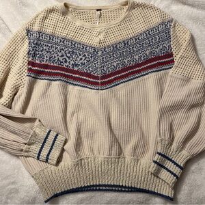 Free People Cream Sweater with Blue and Red Pattern